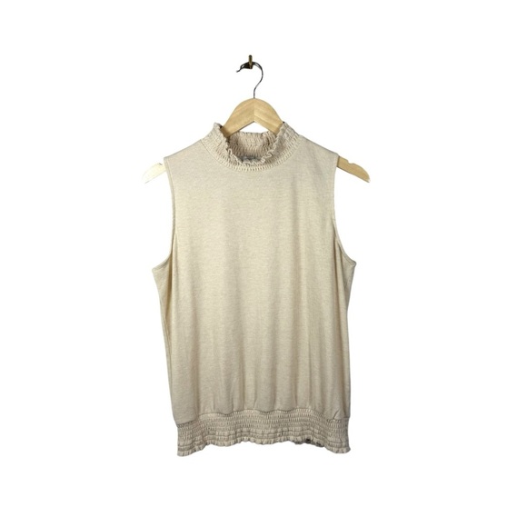 Evereve Women's Sleeveless Ruffle Mock Neck Ribbed Top in Beige Size L - Picture 1 of 11